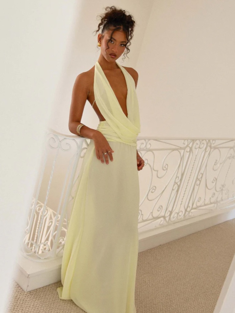 Peppermayo Pale Yellow Backless Halter Maxi Dress